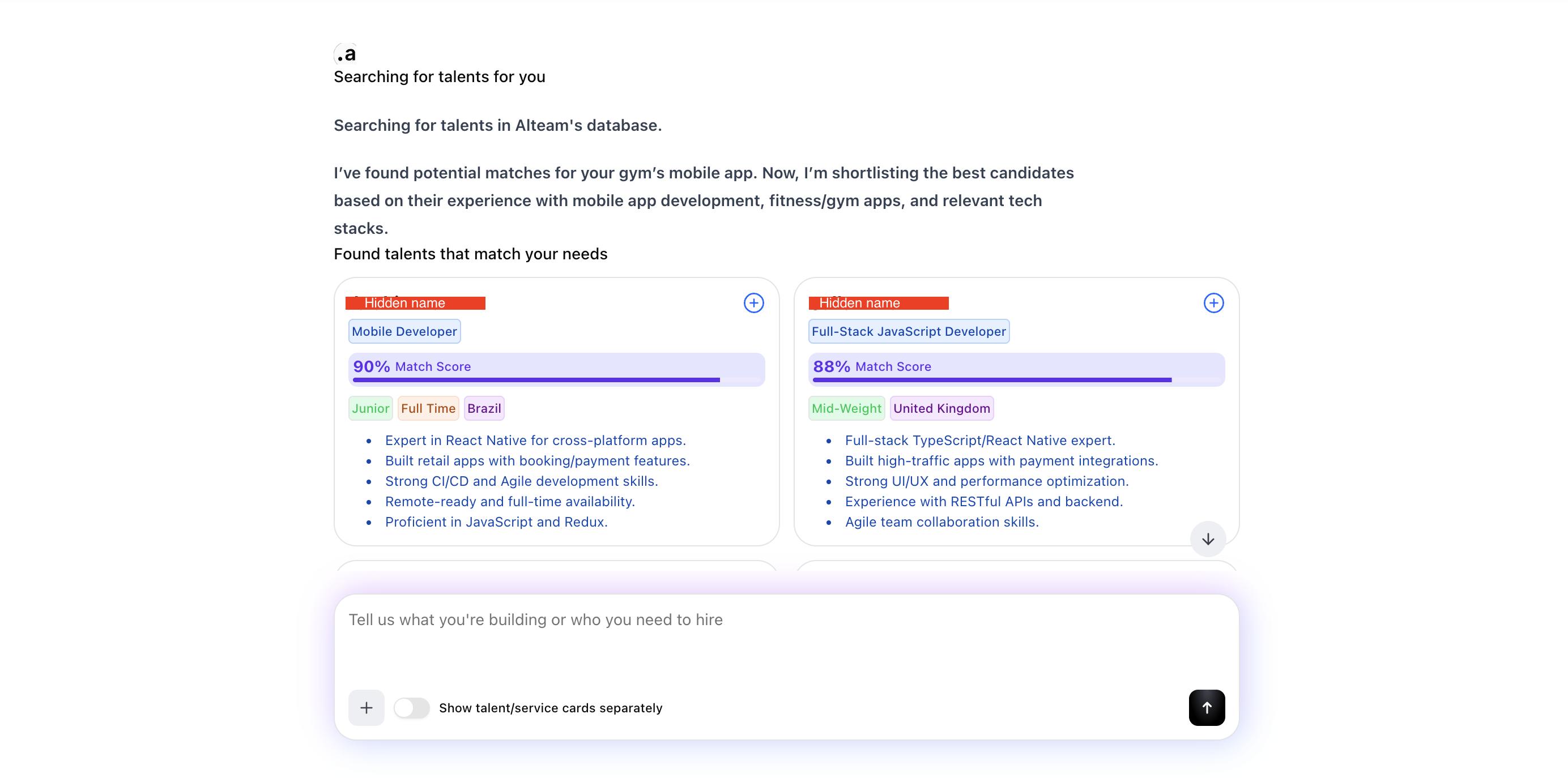 Chat Interface with Talent Cards